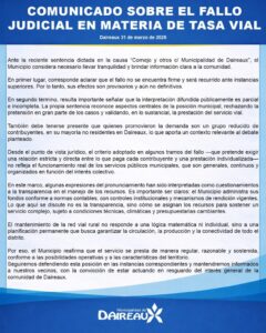 COMUNICADO SOBRE EL FALLO JUDICIAL EN MATERIA DE TASA VIAL